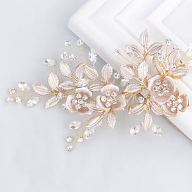 SWEETV light rose gold wedding clip with rhinestones on floral motif for bridal sparkle