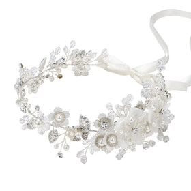 SWEETV pearl bridal headband close-up showing pearls and crystals for wedding sparkle.