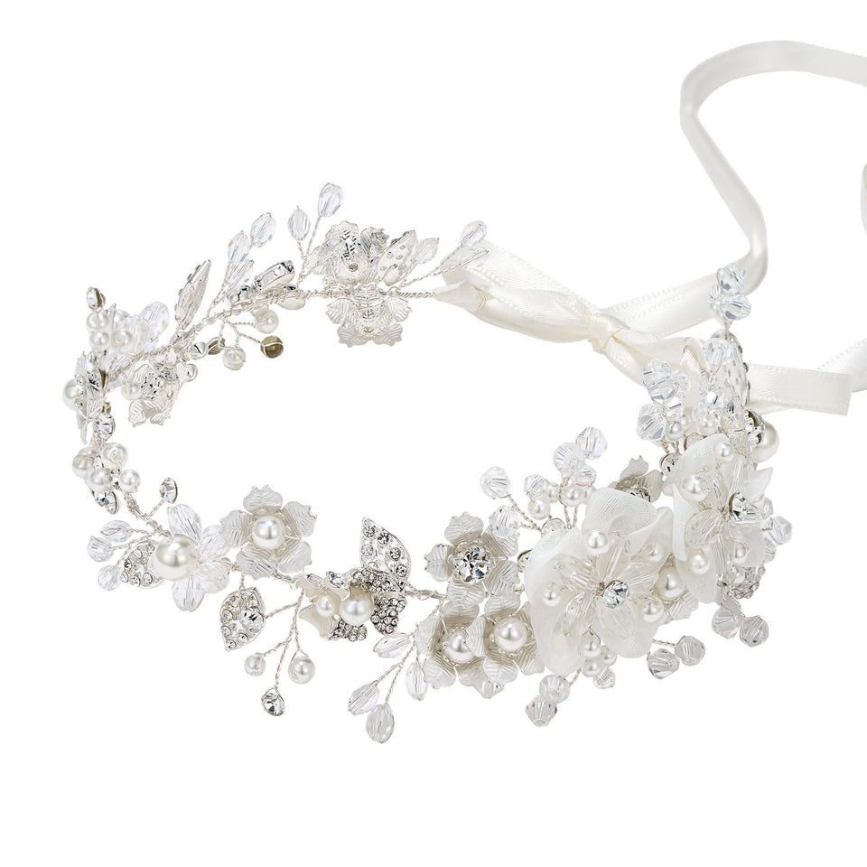 SWEETV pearl bridal headband close-up showing pearls and crystals for wedding sparkle.