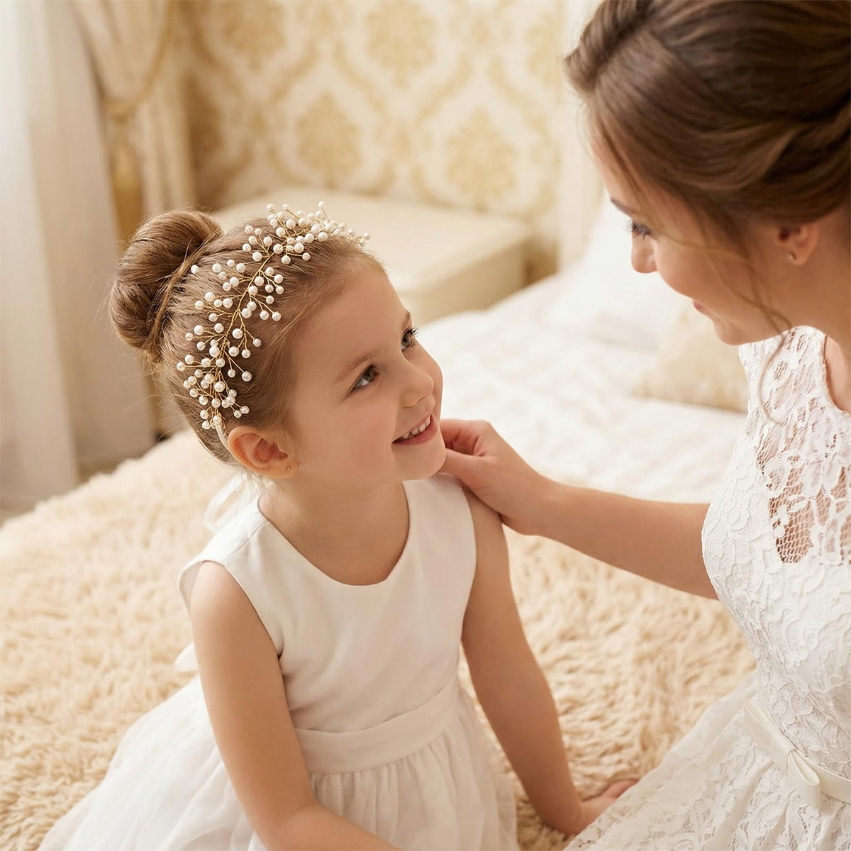 SweetV Pearl Flower Headpiece crown detail with sparkling pearls
