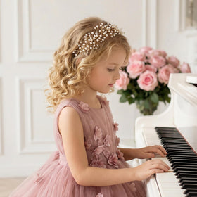 SweetV Pearl Flower Headpiece side view highlighting flexible fit
