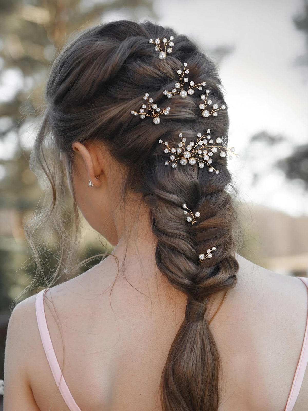 SWEETV pearl rhinestone hair pin closeup shows shimmering detail for bridesmaids.