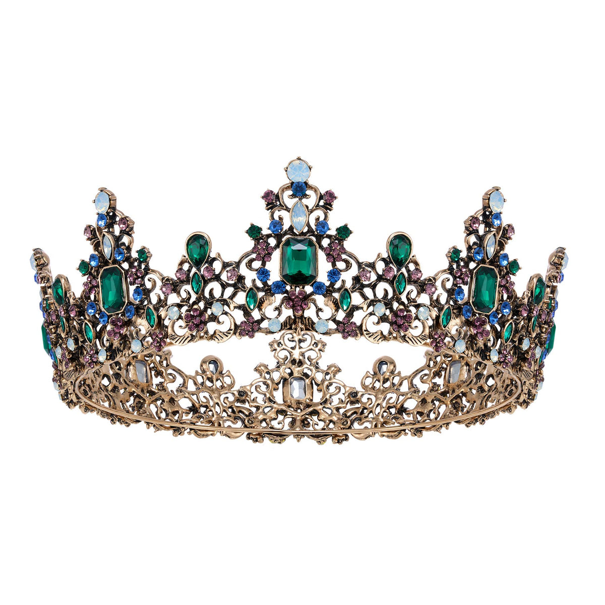 SWEETV queen crown with green crystals for an elegant Baroque look.
