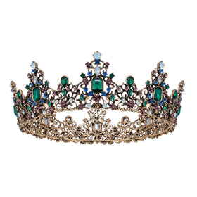SWEETV queen crown with green crystals for an elegant Baroque look.