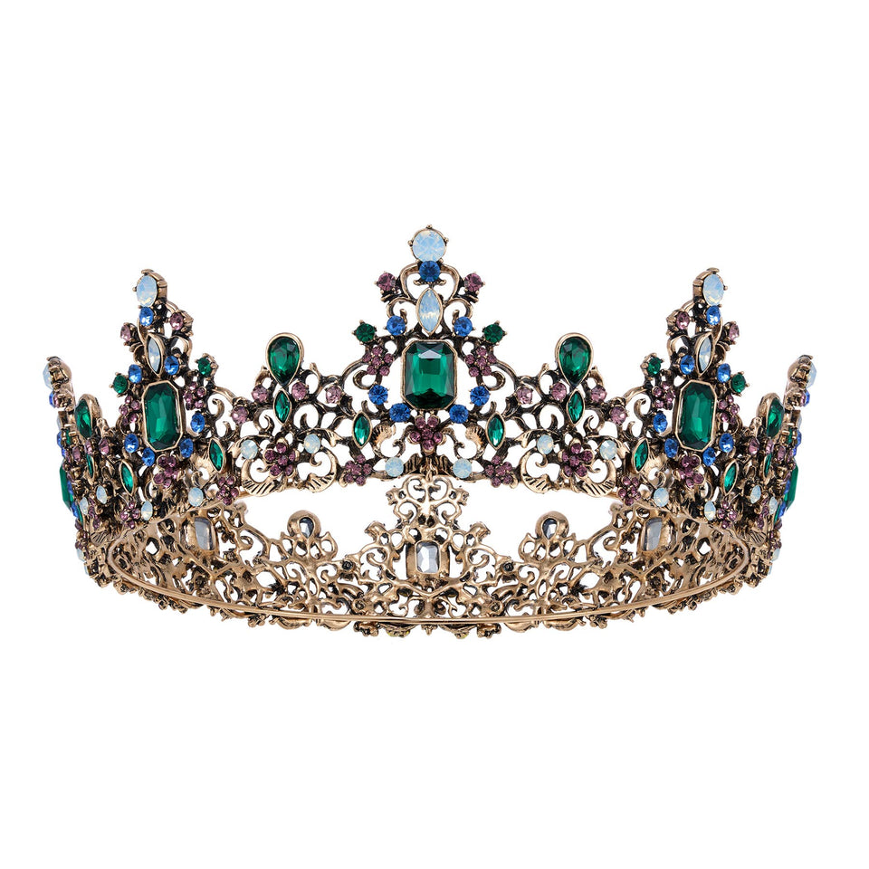 SWEETV queen crown with green crystals for an elegant Baroque look.