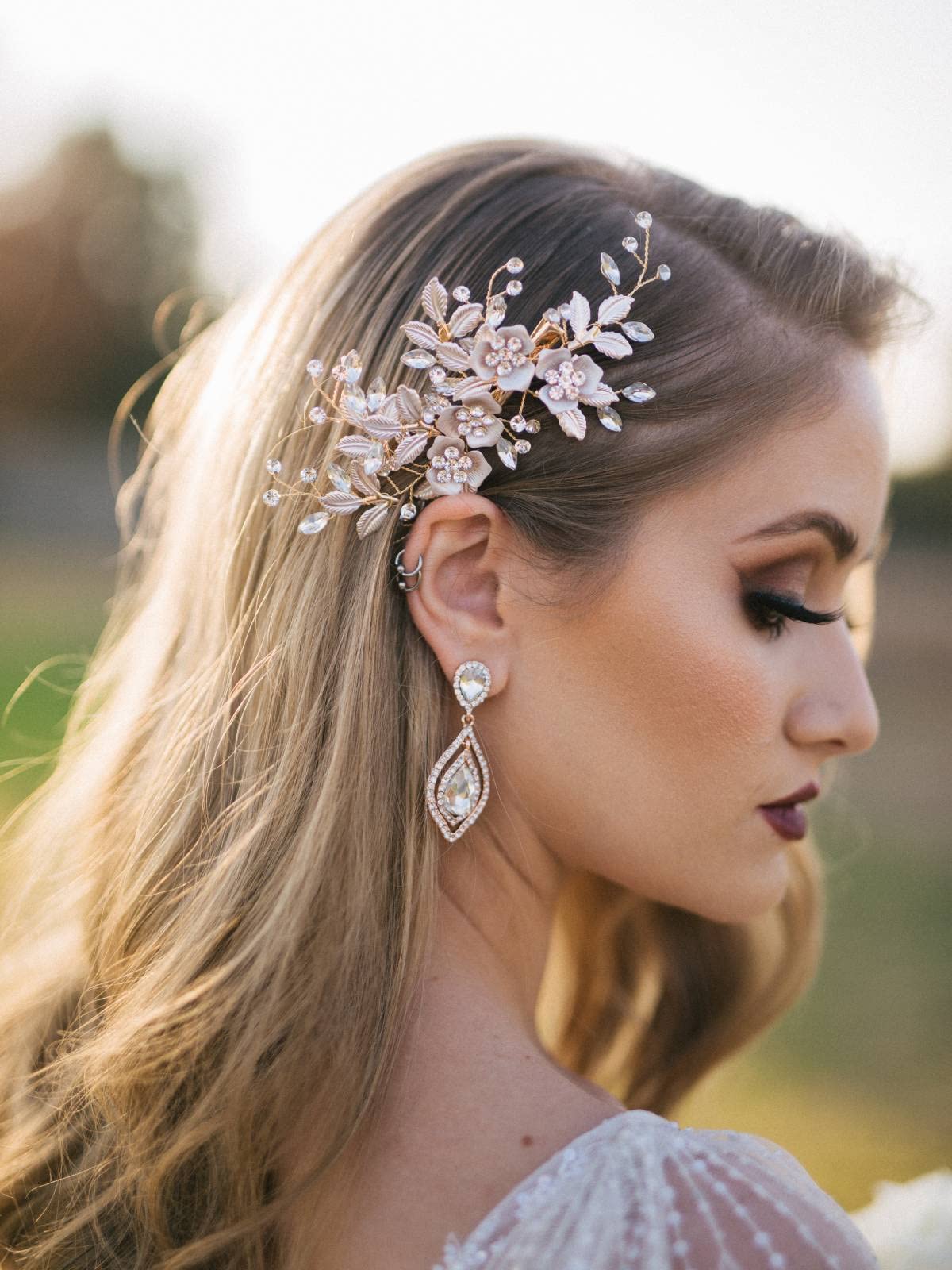 SWEETV rose gold bridal comb rhinestones on floral design for updos