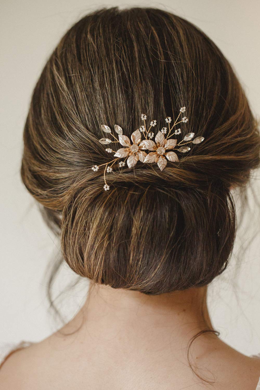 SweetV rose gold flower design detail showcases rhinestones for wedding day shine.