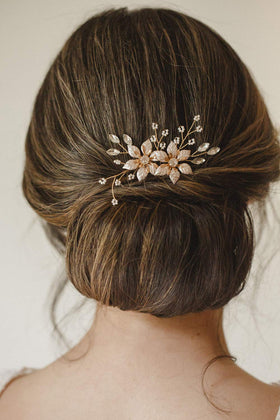 SweetV rose gold flower design detail showcases rhinestones for wedding day shine.