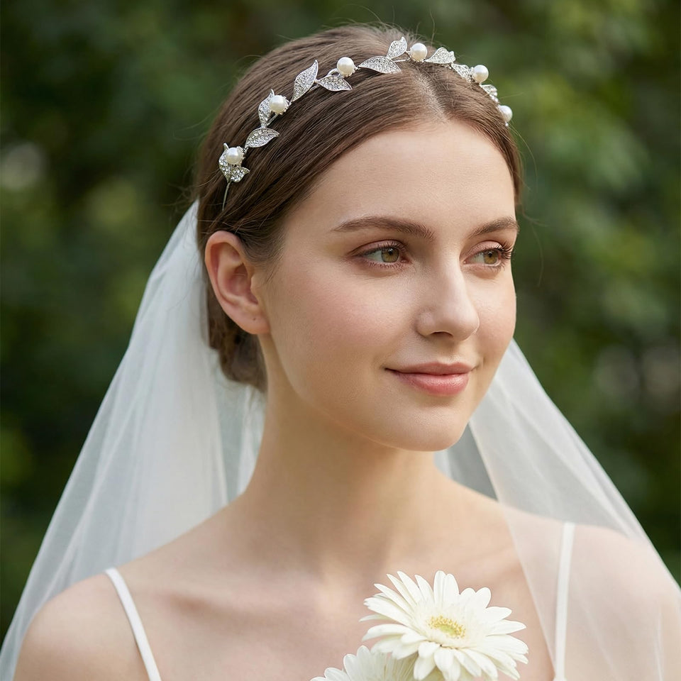Sweetv silver bridal headband with crystal leaves for a timeless wedding glow.