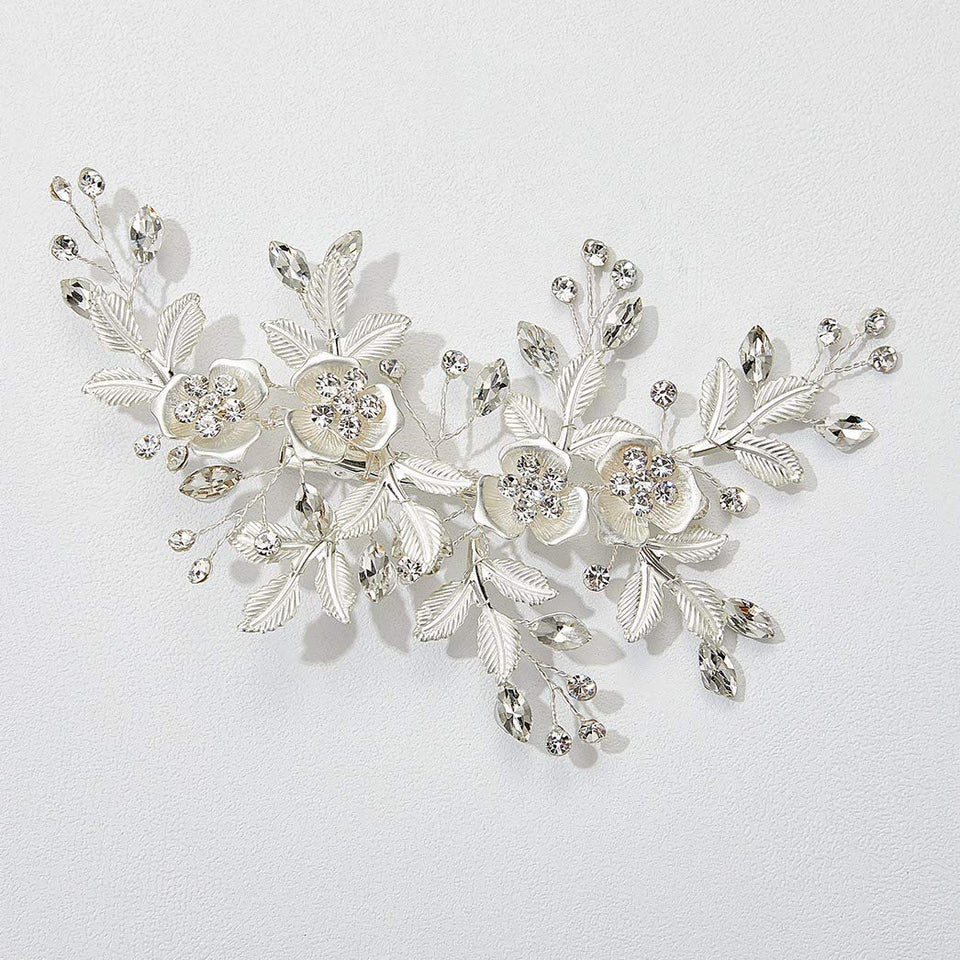 SWEETV silver rhinestone bridal hair comb, front view, adds subtle sparkle to a wedding hairstyle.