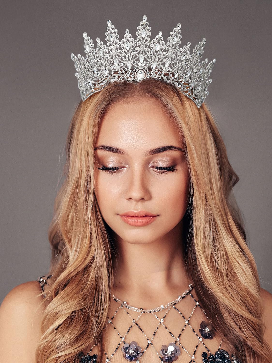 SWEETV Tiara Crown closeup Austrian crystals highlight intricate sparkle