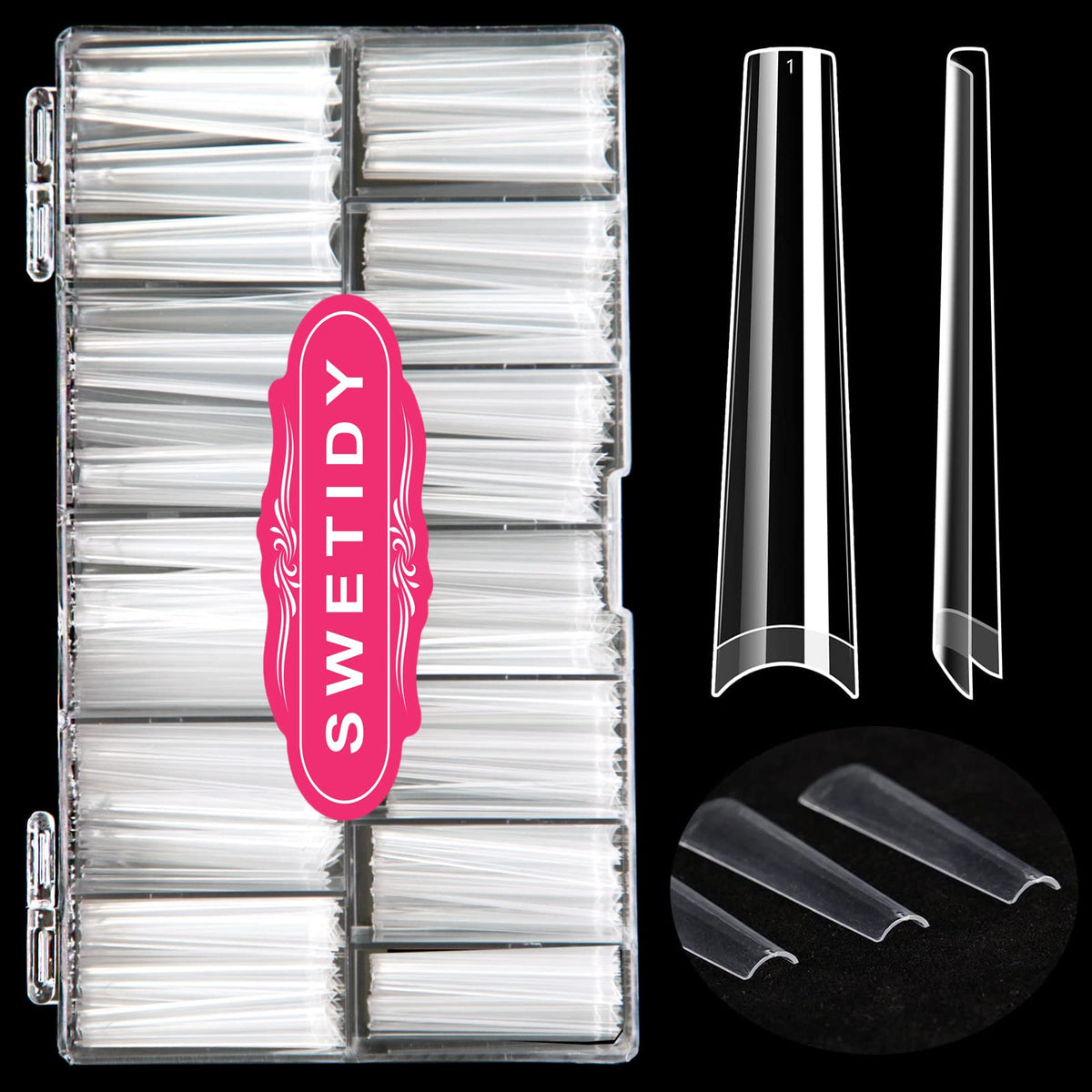 SWETIDY No C Curve 3XL coffin nails in clear ABS for long-lasting salon prep.