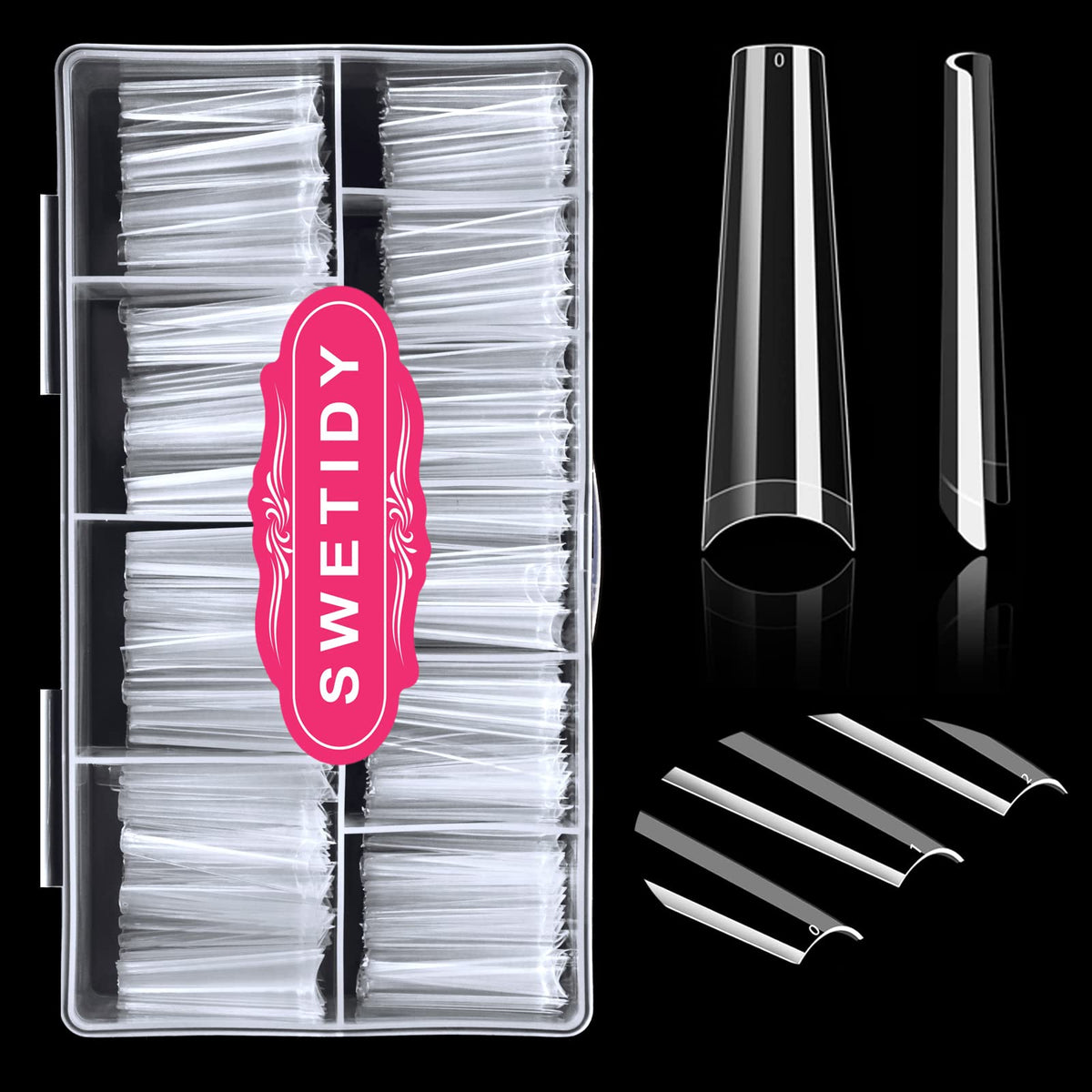 SWETIDY XXL No C Curve coffin tips clear overview for natural-looking nails