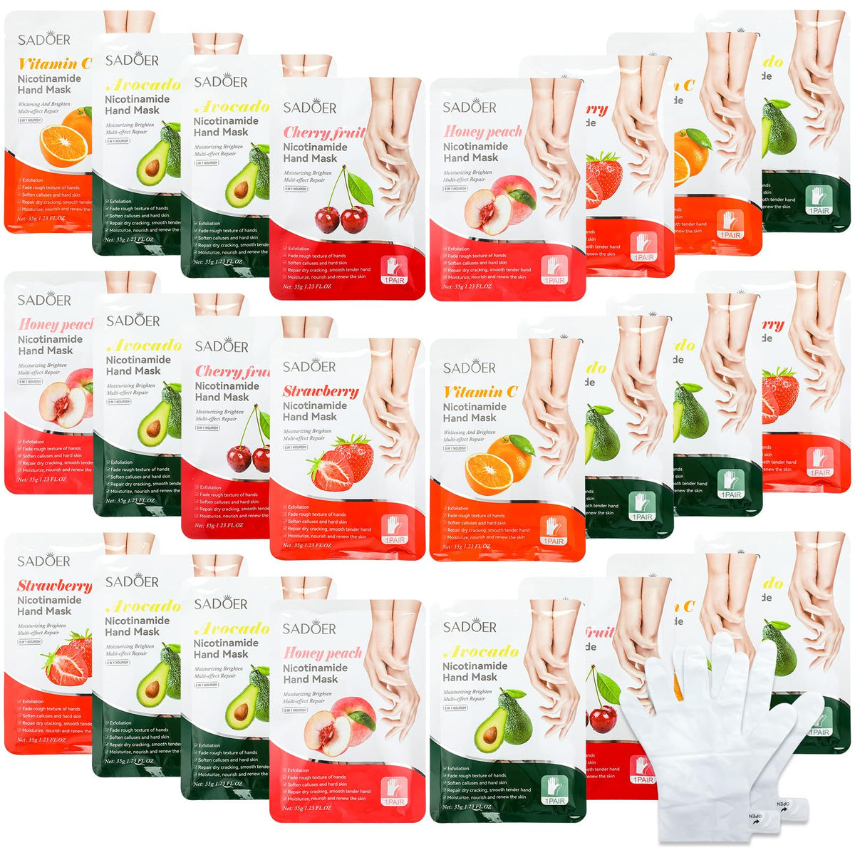 Swiffen 24-piece fruits beauty hand mask package for deep hydration.