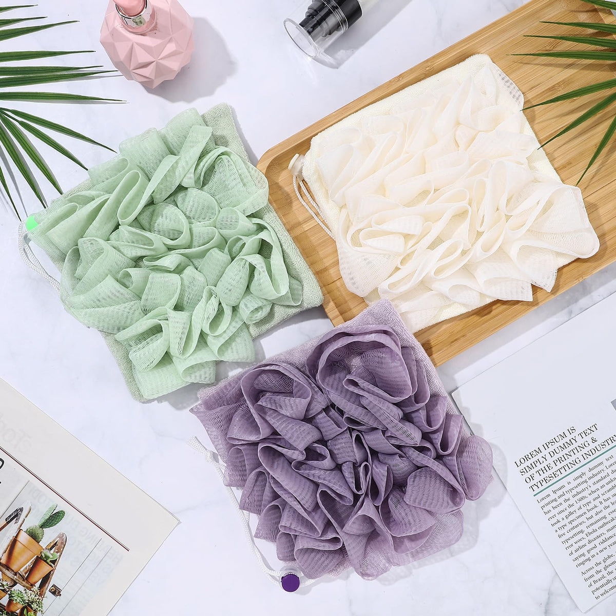 Exfoliating massage loofah provides a subtle texture for smoother-looking skin.