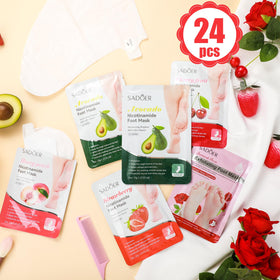 Swiffen fruit foot mask collection close-up showing masks and essence