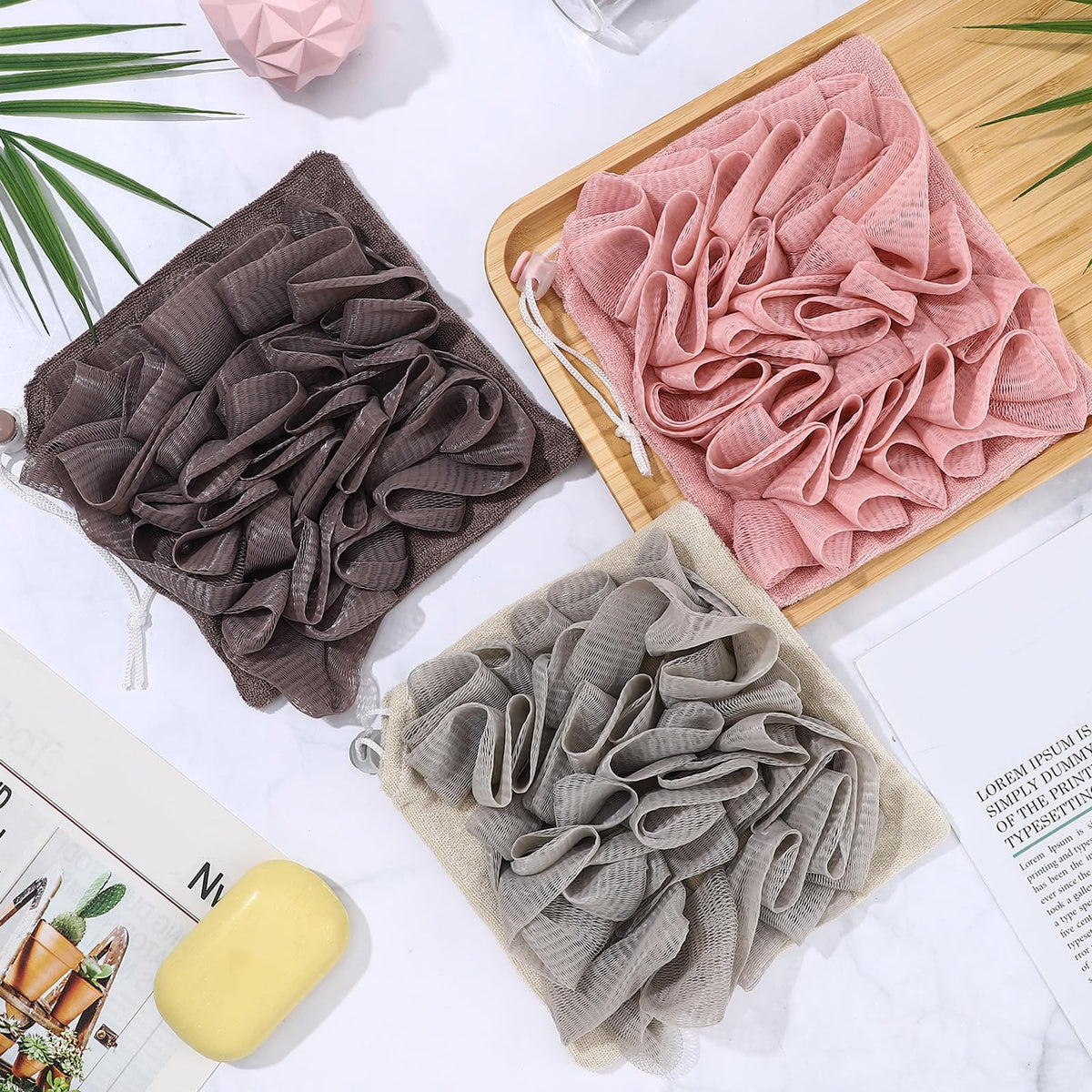 Multicolor shower puff adds visual appeal and effective cleansing during baths.