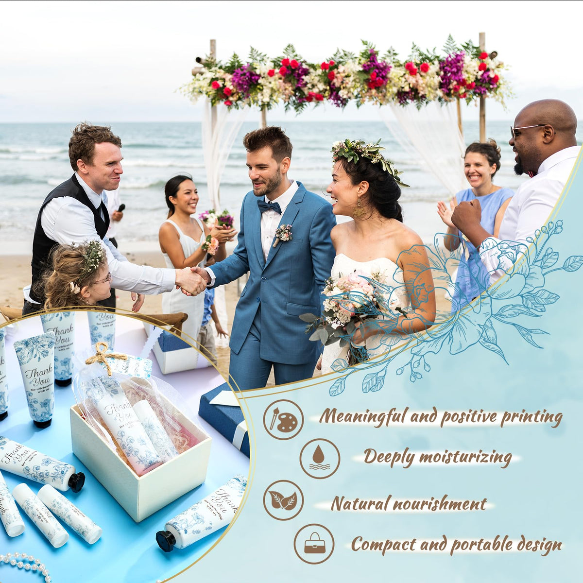Swiffen Something Blue wedding favor display with blue floral accents