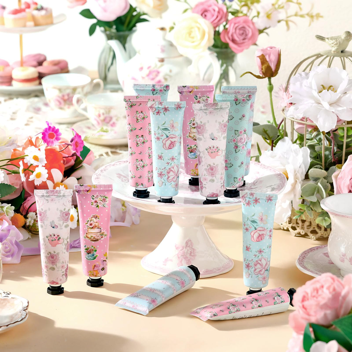 Swiffen teapot favor box display highlights vintage-inspired packaging for tea party celebrations.