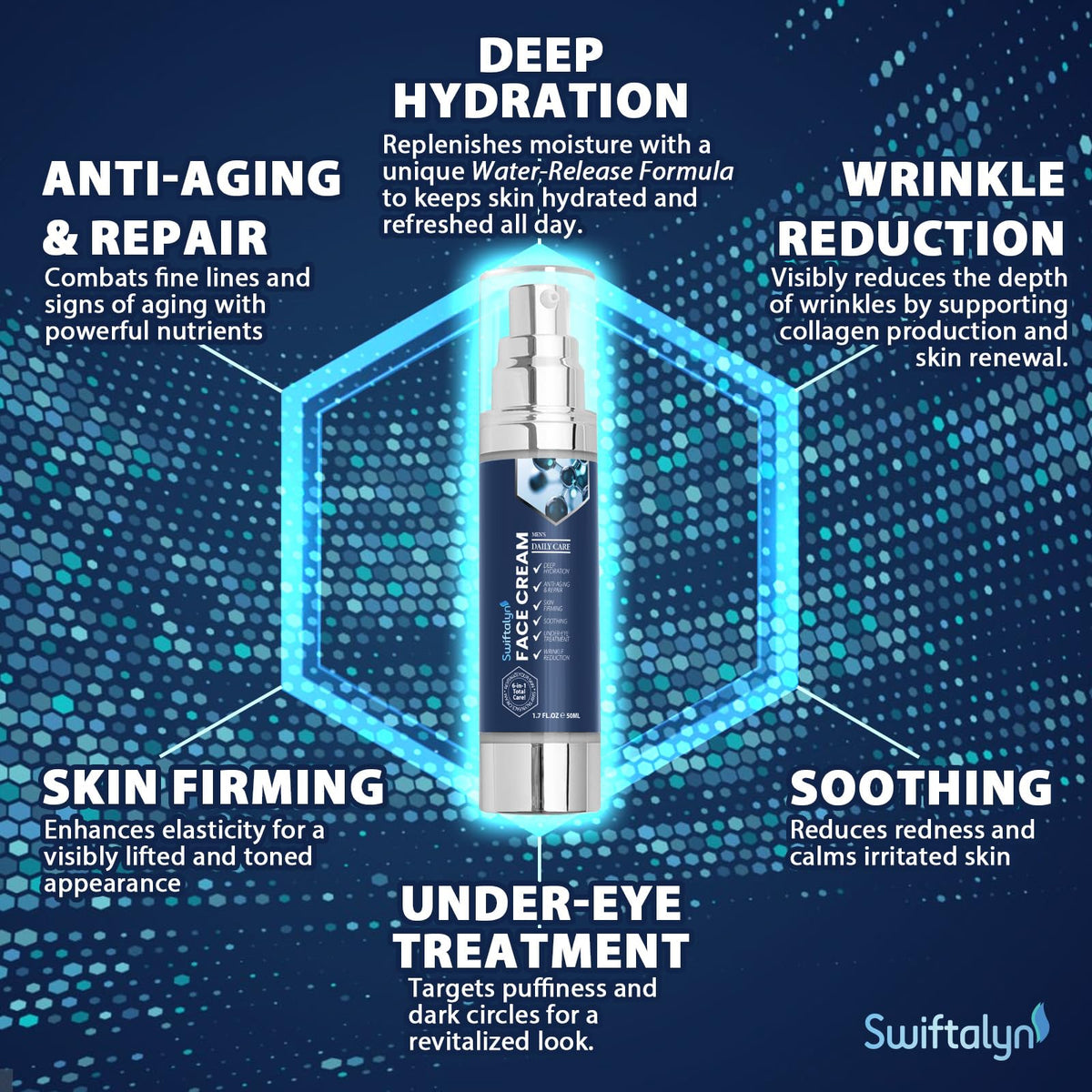 Swiftalyn 6-in-1 face cream application on cheek for even moisturization.