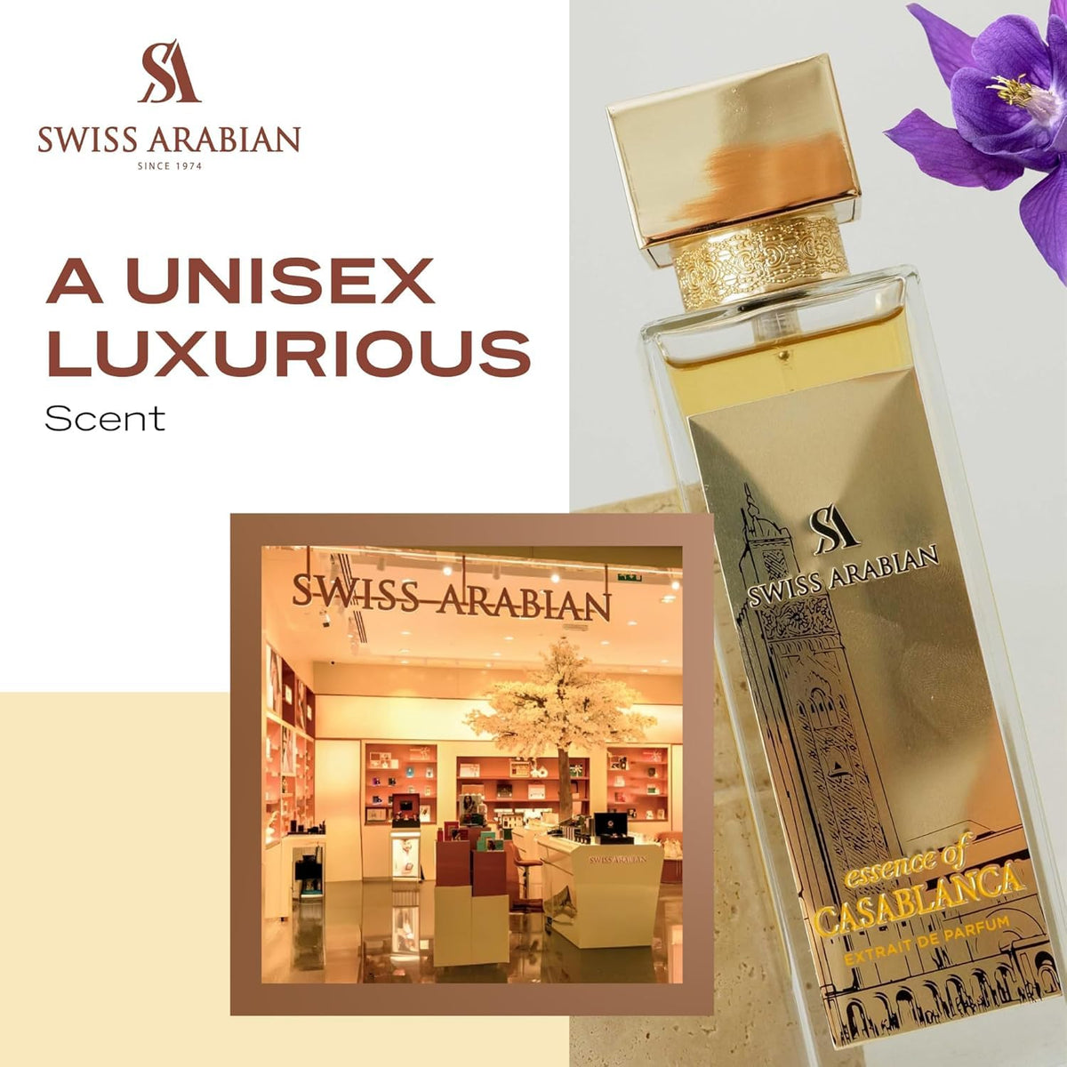 Swiss Arabian Casablanca base notes musk and amber deliver lasting warmth.