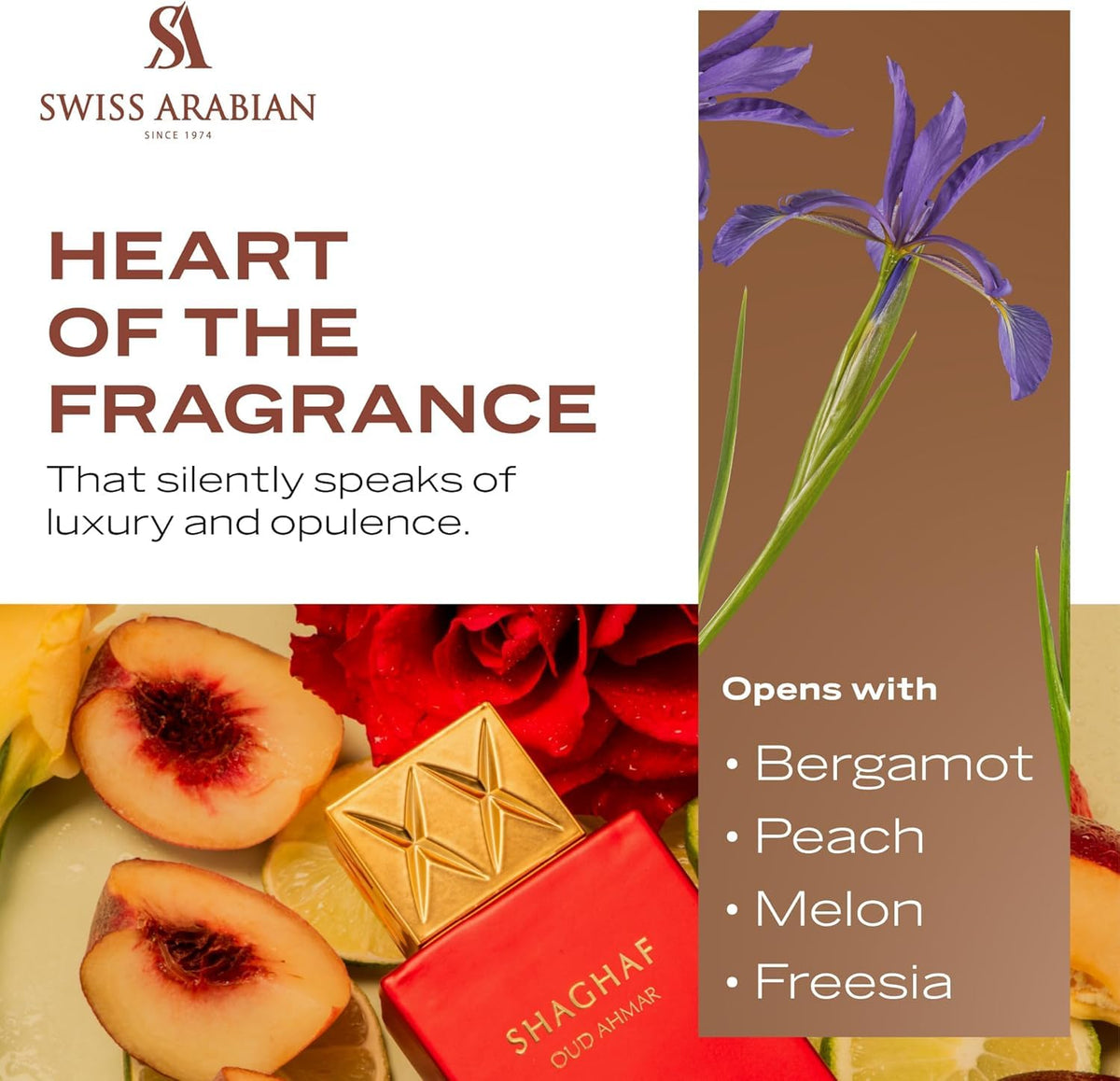 Bottle tilted to showcase long-lasting fragrance projection of Shaghaf Oud Ahmar.
