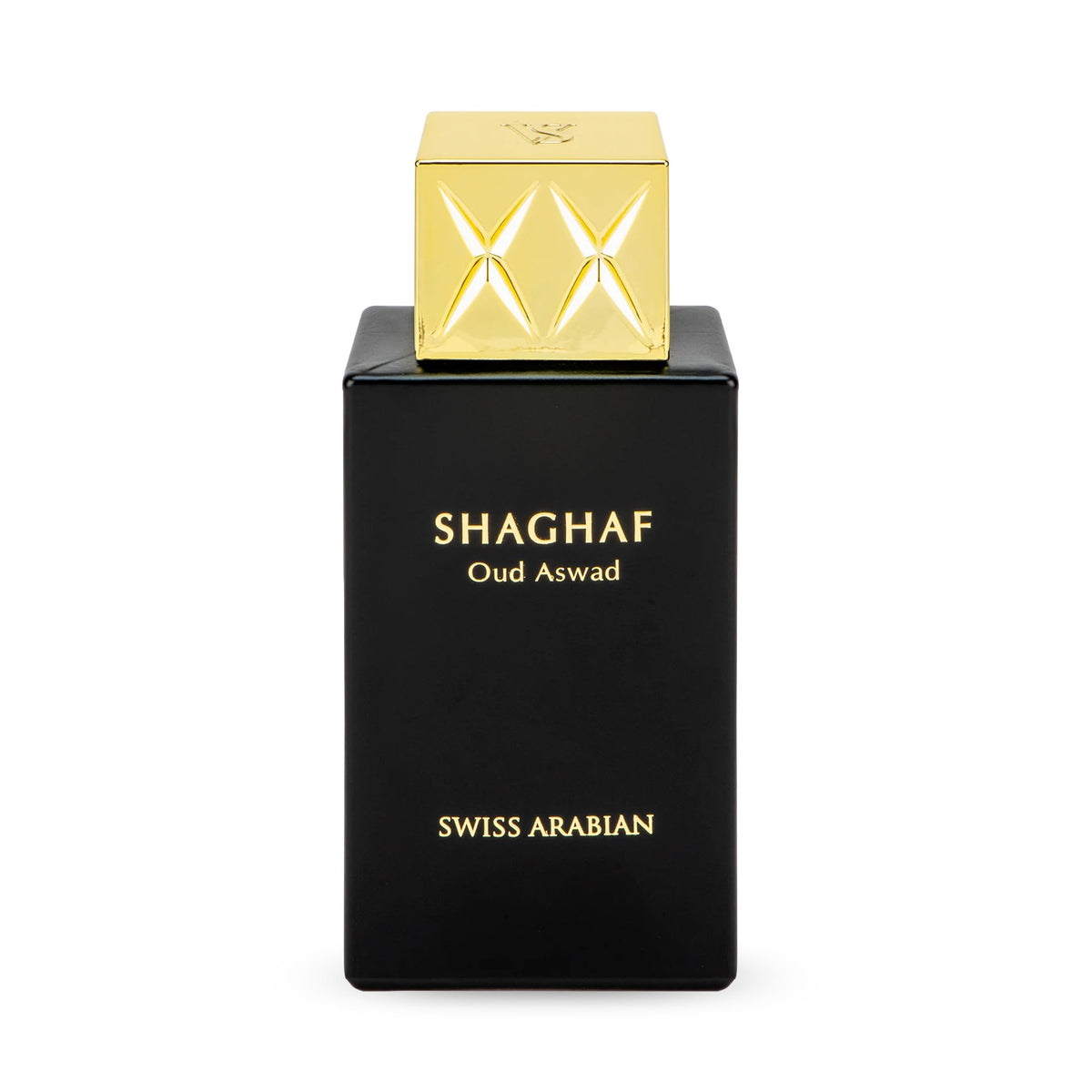 Swiss Arabian Shaghaf Oud Aswad bottle close-up highlighting premium oud for lasting aroma.