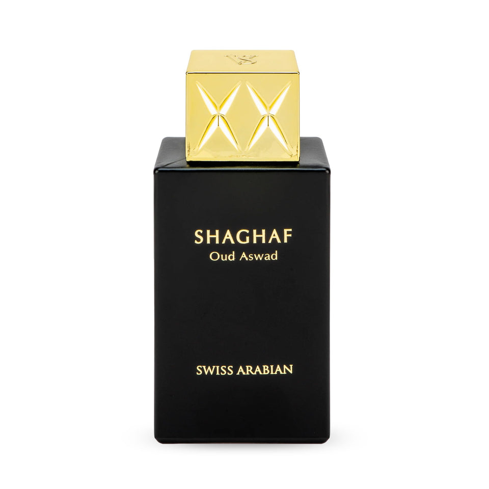 Swiss Arabian Shaghaf Oud Aswad bottle close-up highlighting premium oud for lasting aroma.
