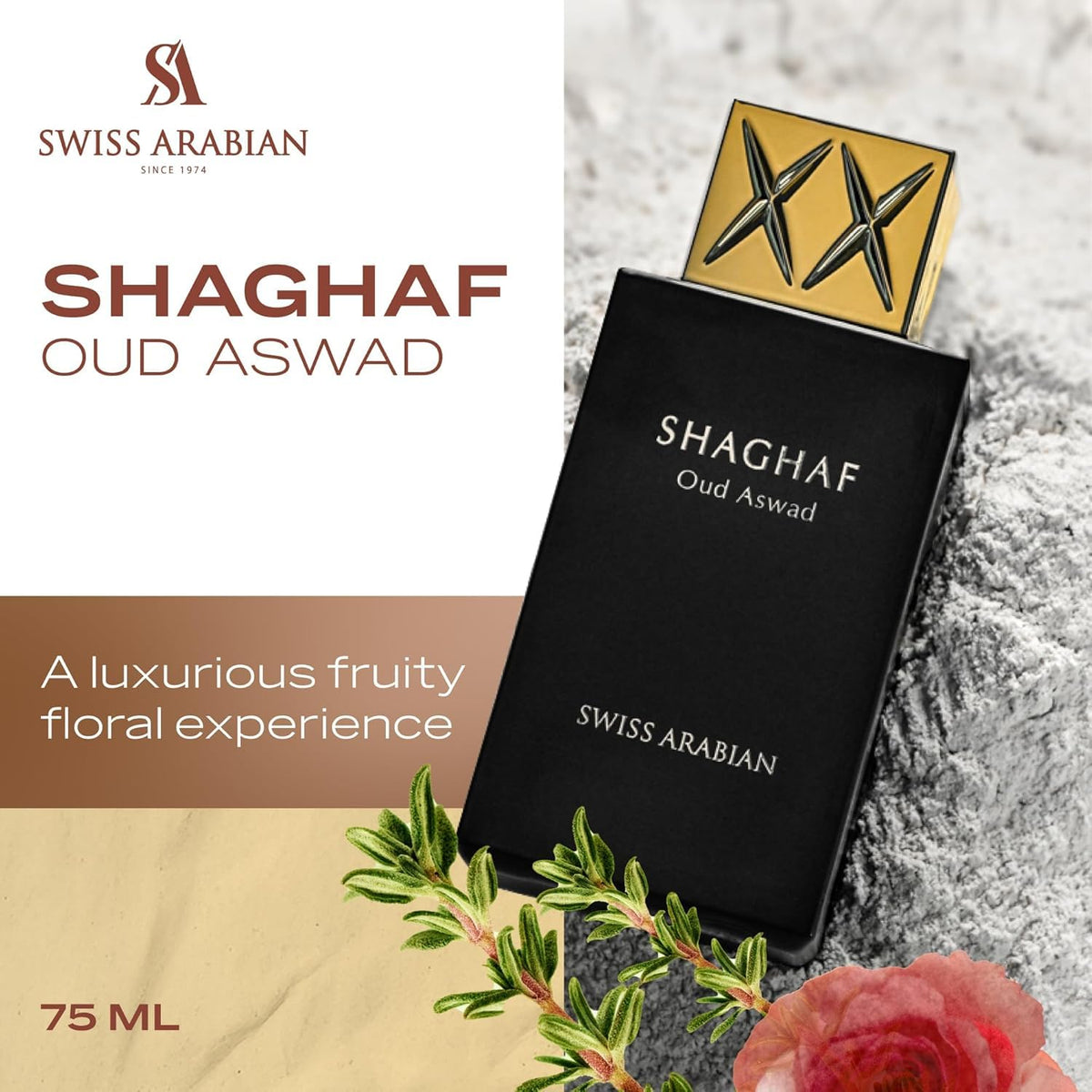 Swiss Arabian Shaghaf Oud Aswad bottle on shelf with luxurious packaging.