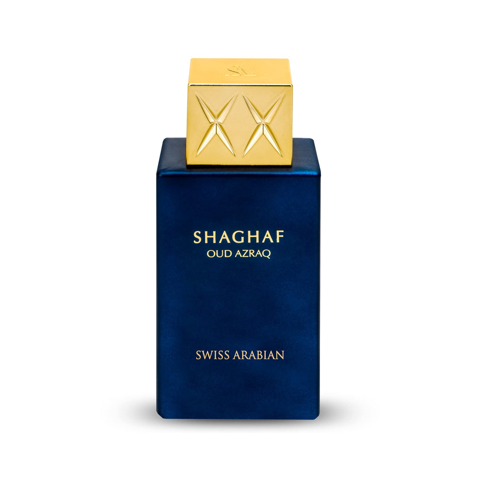 Swiss Arabian Shaghaf Oud Azraq bottle on display, premium unisex oud aroma.