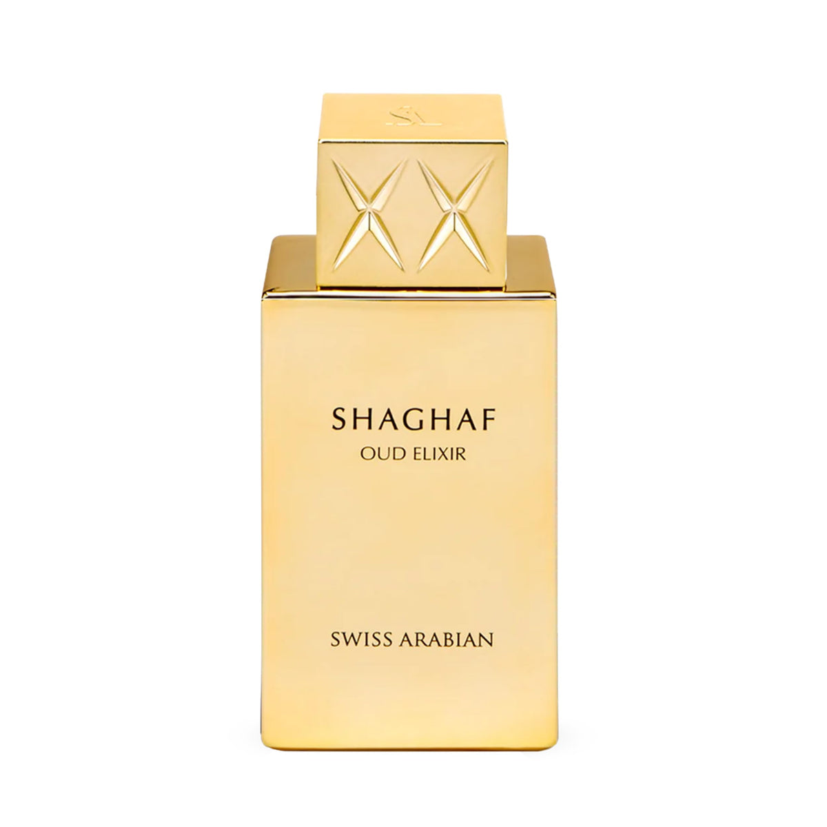 Swiss Arabian Shaghaf Oud Elixir bottle on a gold display signaling luxury