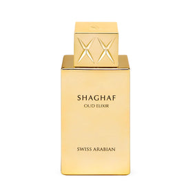 Swiss Arabian Shaghaf Oud Elixir bottle on a gold display signaling luxury
