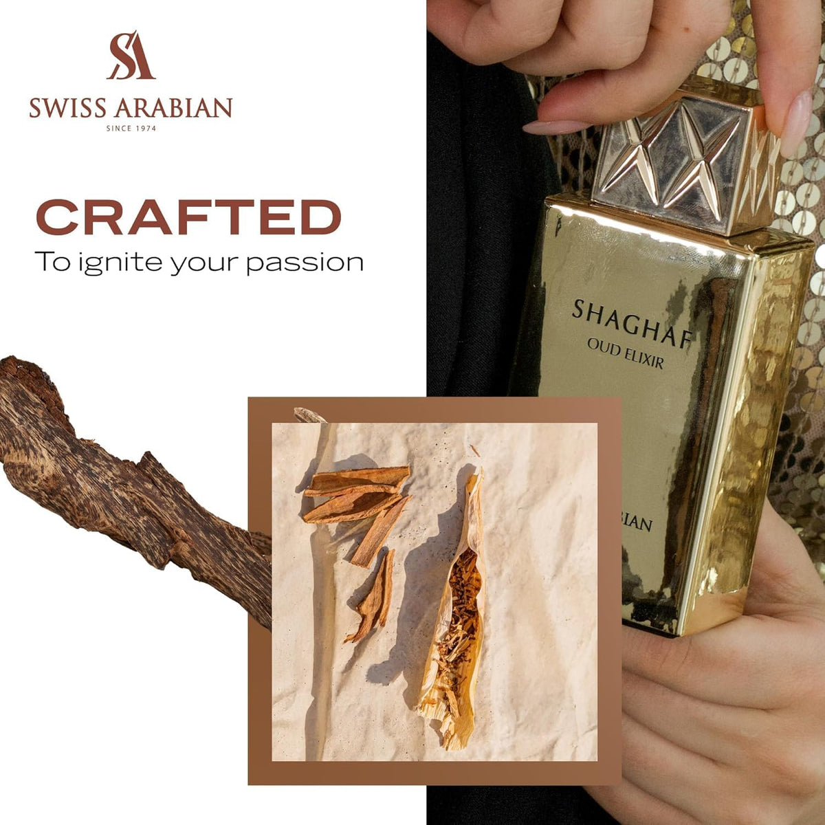 Swiss Arabian Shaghaf Oud Elixir luxury packaging with gold wrap