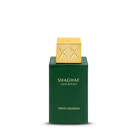 Swiss Arabian Shaghaf Oud Royale bottle close-up highlighting luxurious glass for an elegant evening.