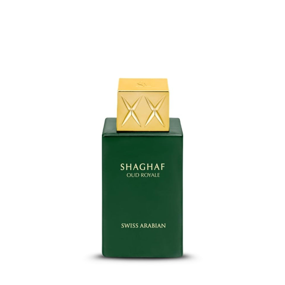 Swiss Arabian Shaghaf Oud Royale bottle close-up highlighting luxurious glass for an elegant evening.