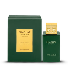 Shaghaf Oud Royale bottle display on a satin surface for refined evenings.