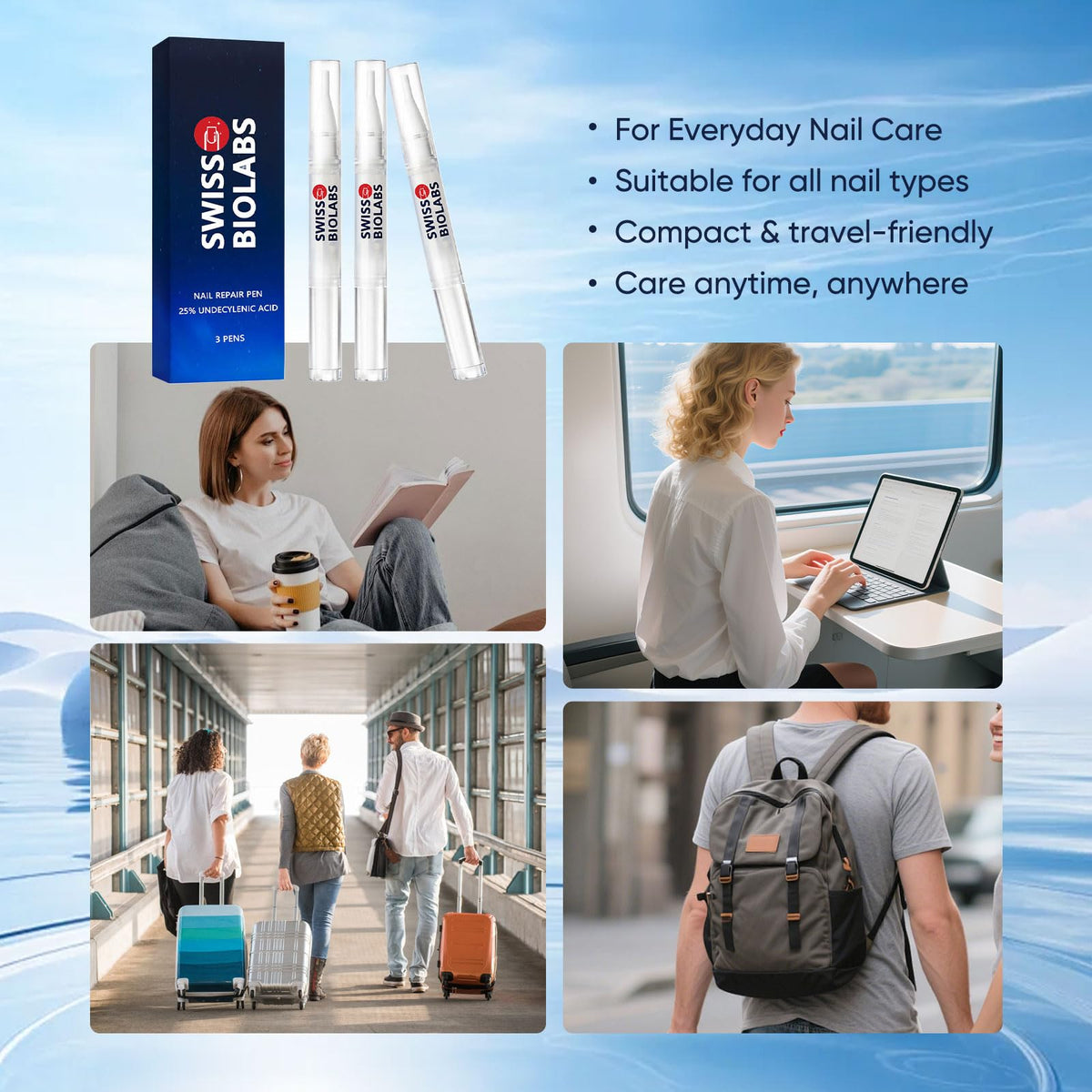 Swiss Biolabs Nail Fungus Pen held in hand for on-the-go use