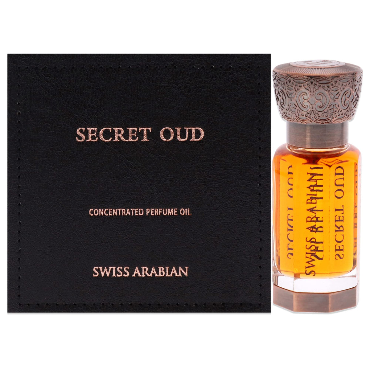 Swiss Arabian Secret Oud bottle closeup, premium aroma for daily elegance.