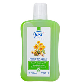 SwissJust Arnica Balm packaging highlights a skin-friendly formula.