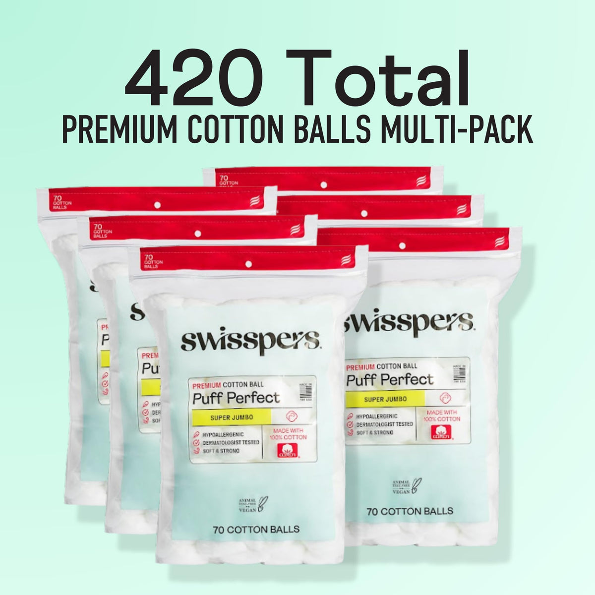 Dermatologist-tested Swisspers cotton balls made in the USA from 100% pure cotton.