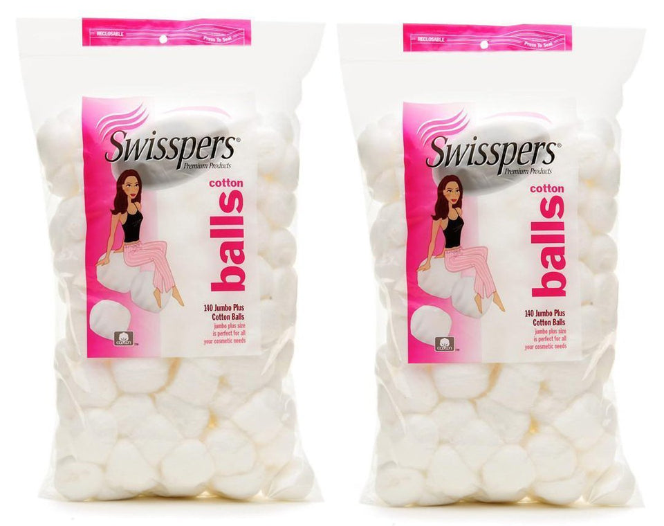 Swisspers Super Jumbo cotton balls pack front, hypoallergenic for gentle makeup removal