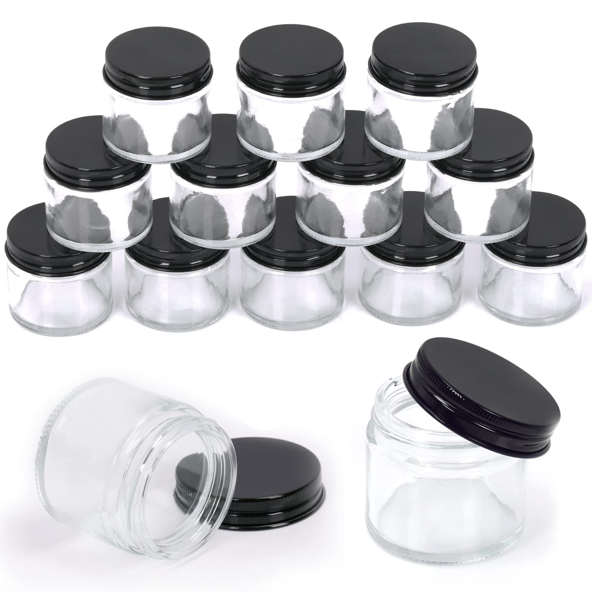 Swpeet 2oz transparent glass jar with black lid, ideal for travel cosmetics.