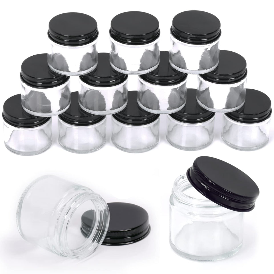 Swpeet 2oz transparent glass jar with black lid, ideal for travel cosmetics.