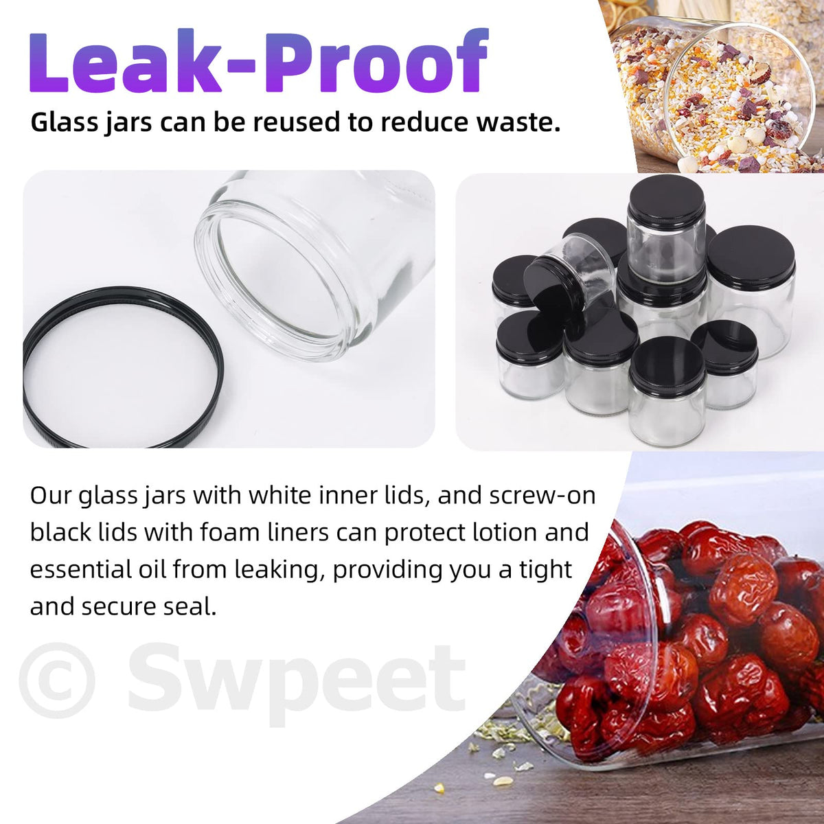Swpeet multiuse glass jars for creams, lotions, candles and more.