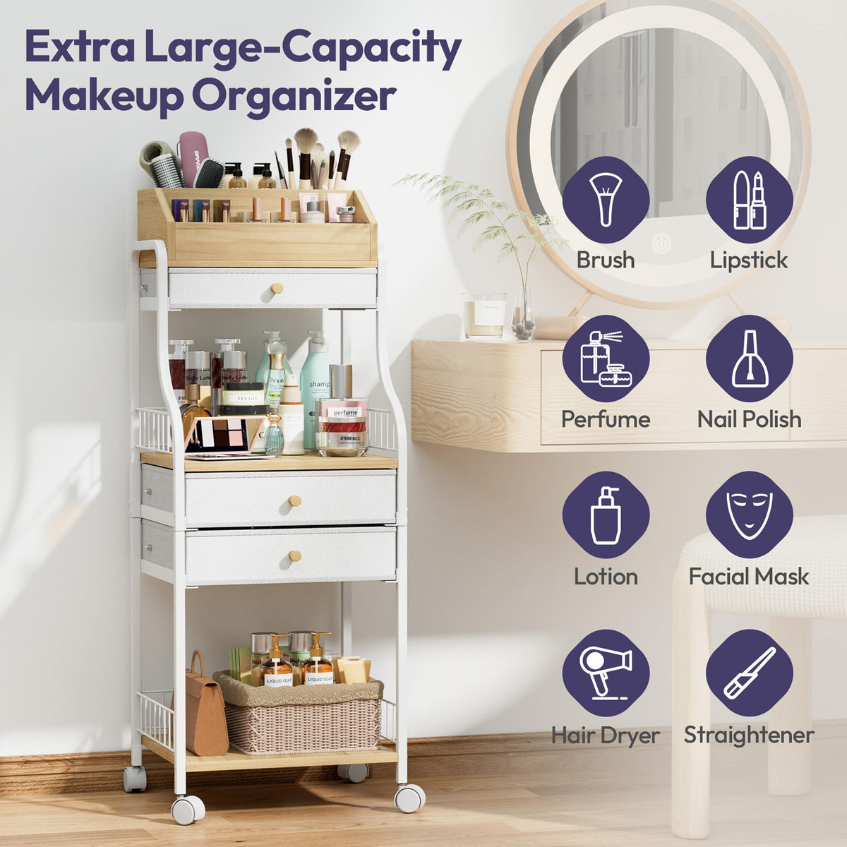 SWTYMIKI non-woven drawers close-up highlighting soft, organized storage for brushes and small items.