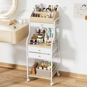 SWTYMIKI rolling makeup organizer cart front view with accessible compartments for cosmetics.