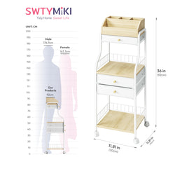 SWTYMIKI rolling makeup organizer cart side view showing compact footprint for small spaces.