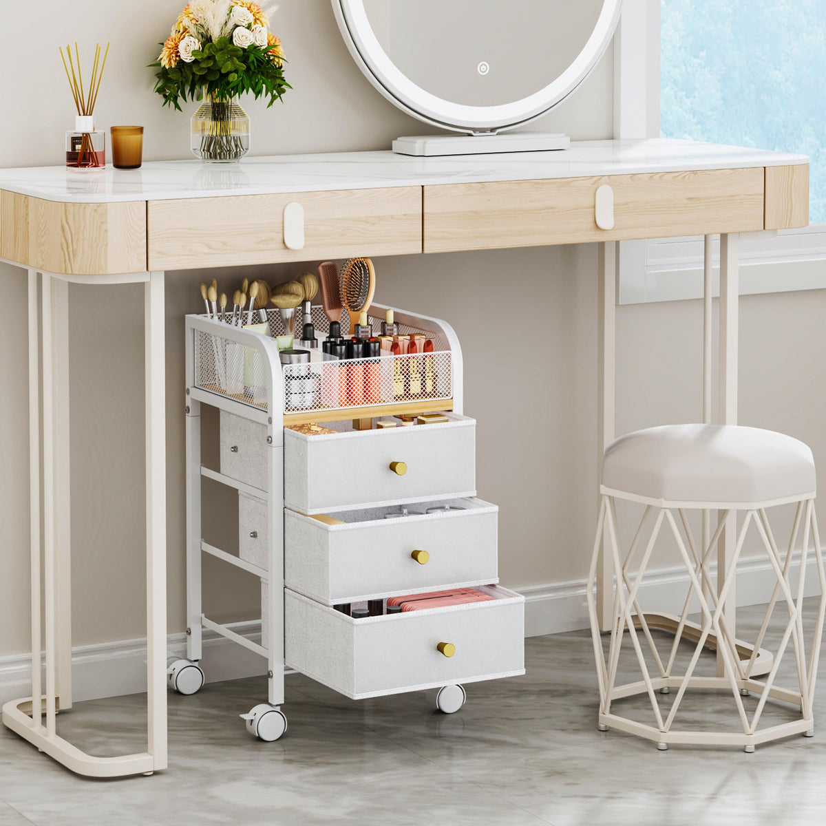 SWTYMIKI vanity cart with three large drawers keeps cosmetics organized.