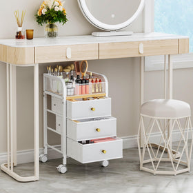 SWTYMIKI vanity cart with three large drawers keeps cosmetics organized.