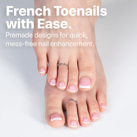 Close-up of short pink French tip toenails with durable soft gel.